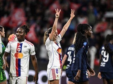 Lyon PSG Rivalry Lyonnes' US midfielder Lindsey Horan (C) celebrates after scoring her team's third goal during the French Premiere Ligue football match between OL Lyonnes (OL) and Paris-Saint-Germain (PSG) at the Groupama Stadium in Decines-Charpieu, central-eastern France on September 27, 2025. (Photo by JEFF PACHOUD / AFP) (Photo by JEFF PACHOUD/AFP via Getty Images)
