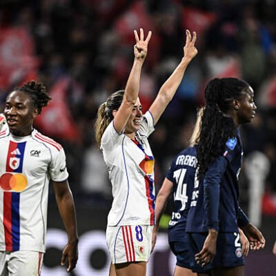 Lyon PSG Rivalry Lyonnes' US midfielder Lindsey Horan (C) celebrates after scoring her team's third goal during the French Premiere Ligue football match between OL Lyonnes (OL) and Paris-Saint-Germain (PSG) at the Groupama Stadium in Decines-Charpieu, central-eastern France on September 27, 2025. (Photo by JEFF PACHOUD / AFP) (Photo by JEFF PACHOUD/AFP via Getty Images)