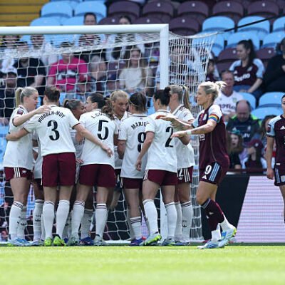 Alessia Russo celebrates scoring for Arsenal against Aston Villa at Villa Park in a 3-0 WSL win.
